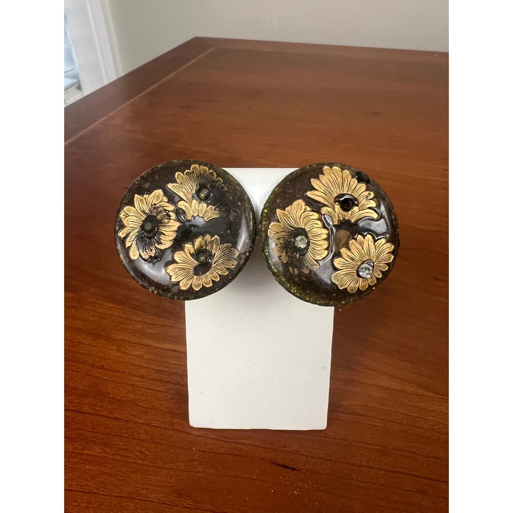 Vintage Oversized Gold Sunflower Clip On Earrings Dark Resin Floral Statement